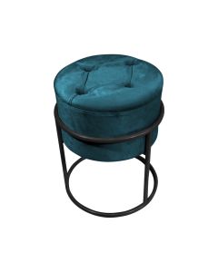 Puff Decorativo Redondo com Capitonê Base de Ferro Preta Tecido Veludo Azul